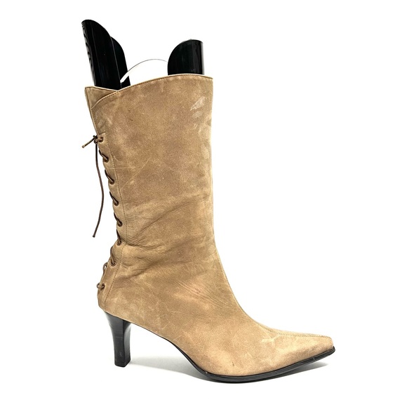 Vintage 1990s tan suede corset lace up mid calf pointed toe heeled fashion boots - Picture 1 of 9